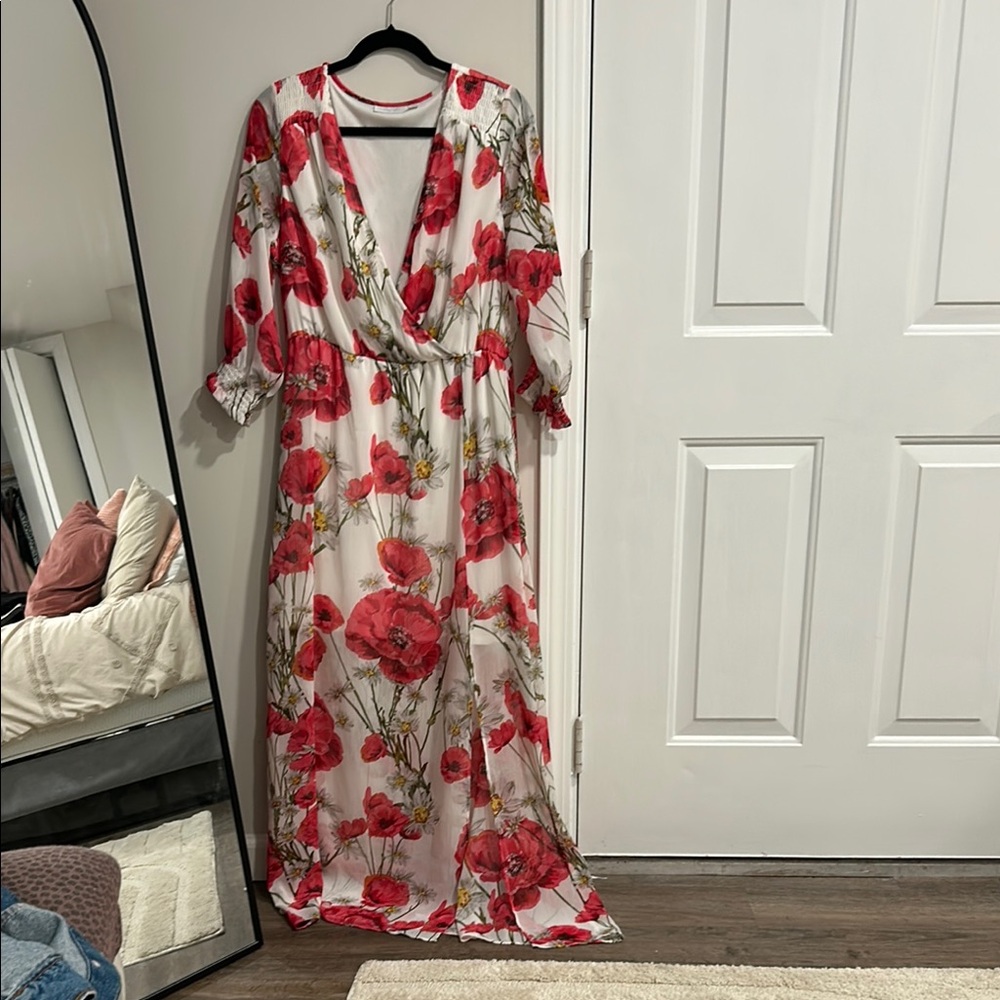 New York & Company Cream Maxi Dress with Plunge Neckline and Bishop Sleeves